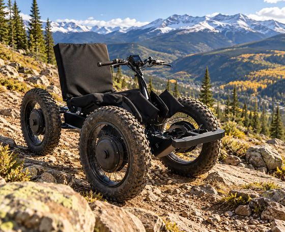 Black four-wheel-drive adaptive off-road chair parked on a rocky trail above an aspen valley and snowy peaks.